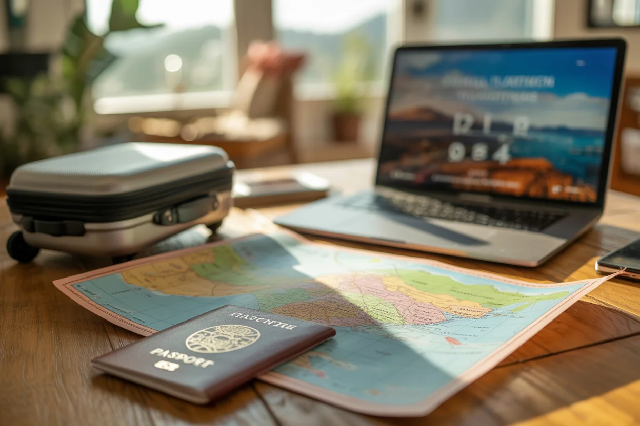 planning-a-vacation-with-map,-laptop,-and-coffee