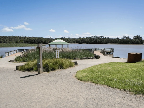 Calm-lake-walk-at-Lilydale-with-family-strollers-and-birdlife.