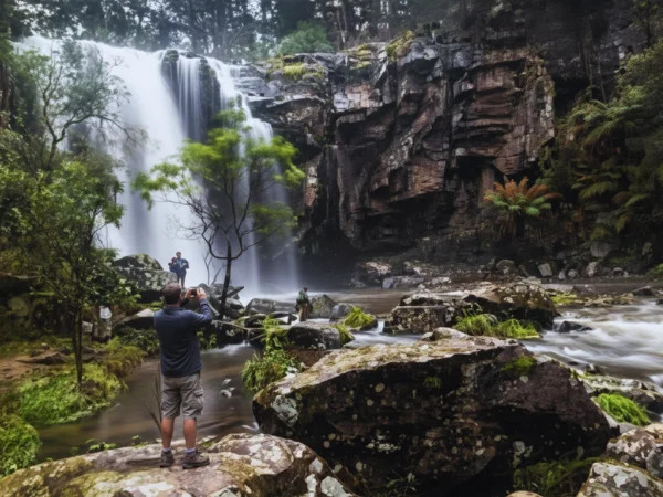 A wide shot of Phantom Falls cascading down dark, mossy cliffs into a rocky river, with several tourists visible, some taking photos and others observing the scene.