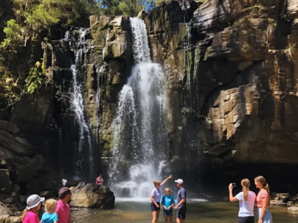 A bright, sunny scene of Phantom Falls flowing into a calm pool, with several families of tourists enjoying the water and surrounding rocks, some posing for photos.