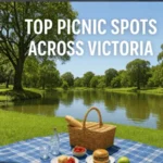 Picnic-setup-by-lake-in-Victoria-with-wicker-basket-food-and-green-trees