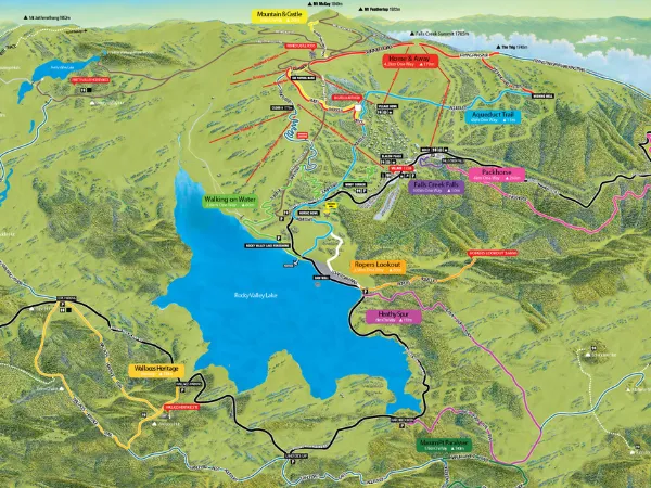 Detailed map of the Aqueduct Trail at Falls Creek showing walking routes and key landmarks