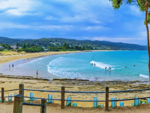 Families enjoying a picnic and children playing at Lorne Foreshore Reserve near the beach