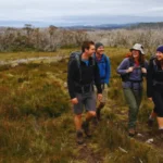 Hikers walking along the Aqueduct Trail at Falls Creek surrounded by alpine grasslands in Victoria’s High Country