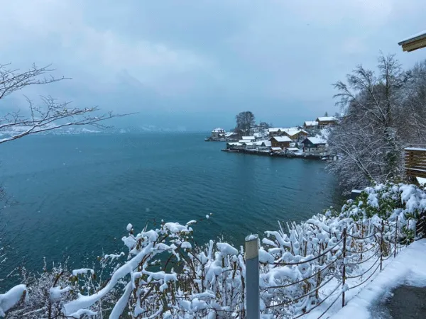 Snowfall along the shores of Lake Brienz near Iseltwald