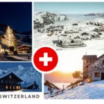 Snow-covered alpine villages and chalets in Switzerland during winter with Swiss Alps, glowing lights, and scenic mountain views