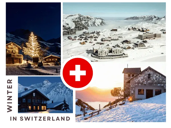 Snow-covered alpine villages and chalets in Switzerland during winter with Swiss Alps, glowing lights, and scenic mountain views