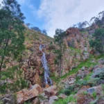 Wide-angle photo of Jubilee Falls flowing through Brien’s Gorge with dense greenery around it.