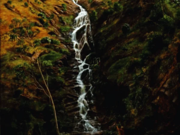 Detailed zoom-in image highlighting the water cascading over rocky formations at Strath Creek Falls.