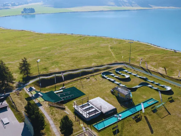 Aerial view of Mulets Sports Center located near Lake Silvaplana in Switzerland