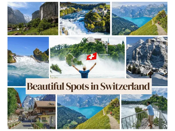 Beautiful spots in Switzerland featuring alpine villages, mountains, lakes, waterfalls, and scenic landscapes