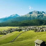Scenic view of Celerina Swiss alpine village in the Engadin Valley near St. Moritz