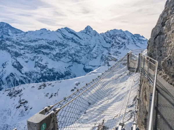 Mürren Switzerland cliffside alpine village with panoramic views of the Eiger, Mönch, and Jungfrau mountains