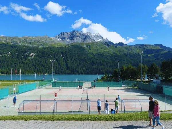 Mulets Sports Center in Silvaplana surrounded by Swiss Alps and outdoor sports courts