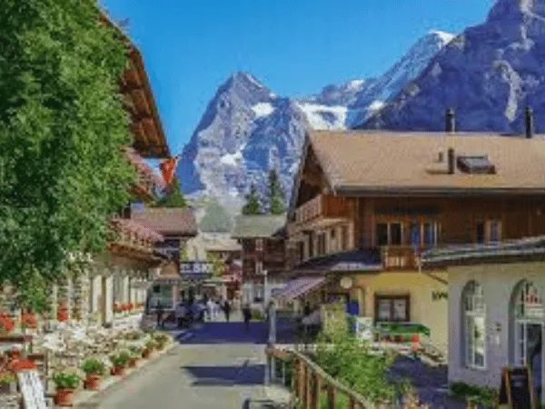 Mürren Switzerland cliffside alpine village with panoramic views of the Eiger, Mönch, and Jungfrau mountains