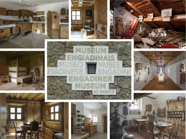 Different interior shots of Muzeum Engiadinais in St. Moritz showcasing traditional Engadin rooms and Alpine heritage