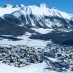 Snow-covered Samedan village in the Upper Engadin Valley, Switzerland
