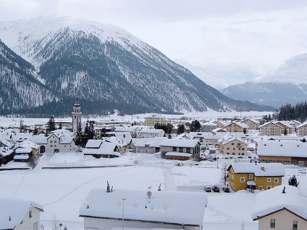 Snow-covered Bever village in Upper Engadin Switzerland during winter