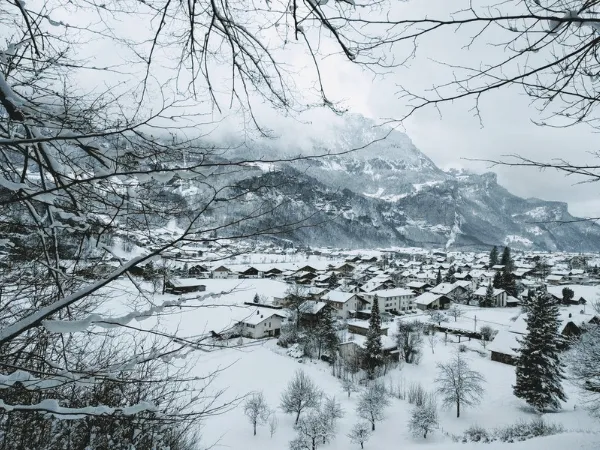 Aerial view of Iseltwald village covered in snow beside Lake Brienz in winter