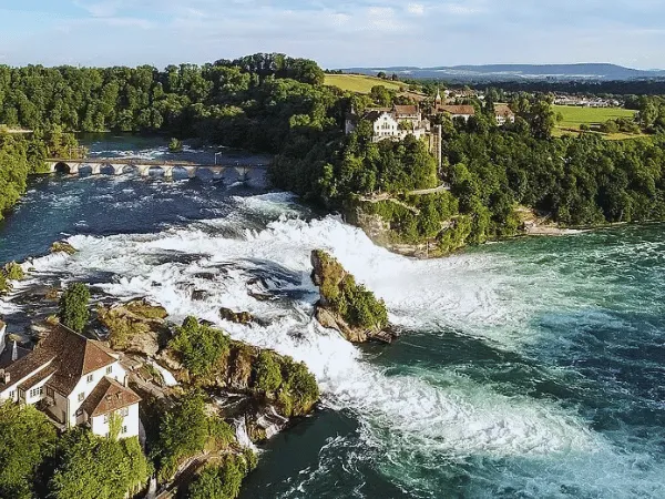 Close up of Rhein Falls powerful water flow in Switzerland