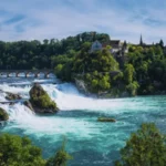 Scenic landscape view of Rhein Falls in Switzerland