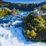 Side view of Rhein Falls waterfall near Schaffhausen