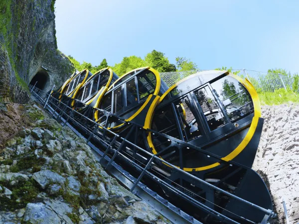 stoosbahn panoramic funicular cabin on steep mountain railway