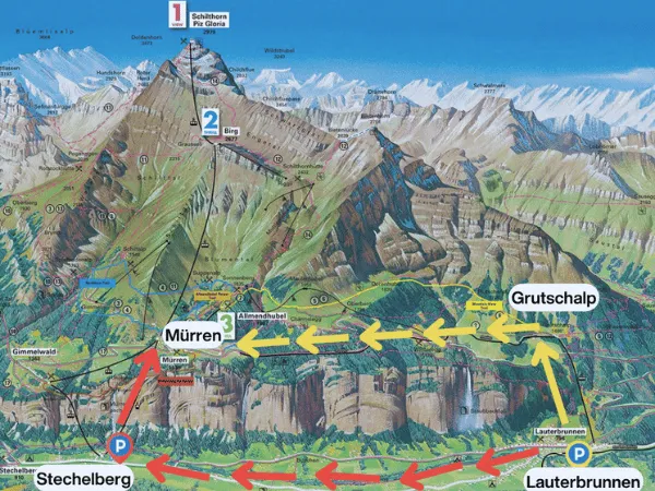 hiking trail map of mürren switzerland showing cable car routes, trails, and alpine viewpoints