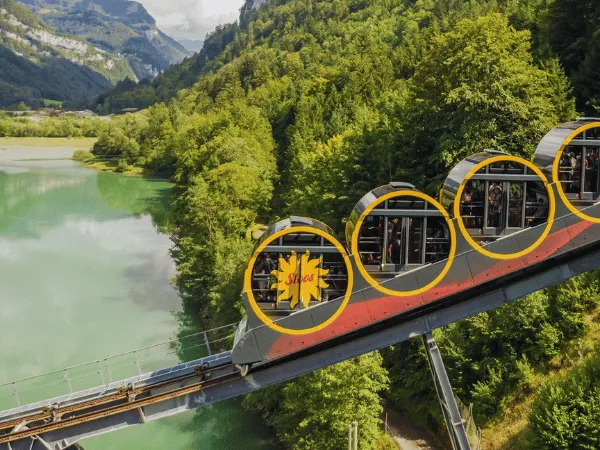 stoosbahn funicular railway ascending steep alpine track in switzerland