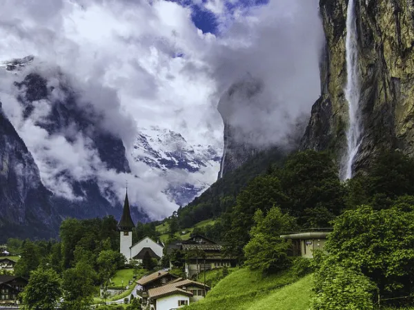 beautiful lauterbrunnen valley known as the valley of 72 waterfalls in the swiss alps