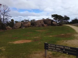 Big Rock Walking Track sign at You Yangs Regional Park showing Big Rock 100m and Park Office 1.5km directions.