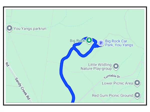 Google Maps screenshot showing the driving route to Big Rock and Big Rock Car Park at You Yangs Regional Park, with nearby points including Lower Picnic Area and Red Gum Picnic Ground marked.