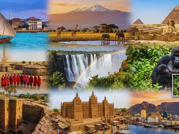 An African travel collage showing a traditional dhow sailboat, giraffes and elephants under Mount Kilimanjaro, the Pyramids of Giza, Victoria Falls, mountain gorillas, and Table Mountain in Cape Town.