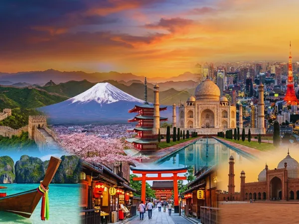 A travel collage of Asia featuring the Great Wall of China, Mount Fuji, the Badshahi Mosque in Pakistan, the Taj Mahal in India, a Thai longtail boat, and Tokyo Tower at night.