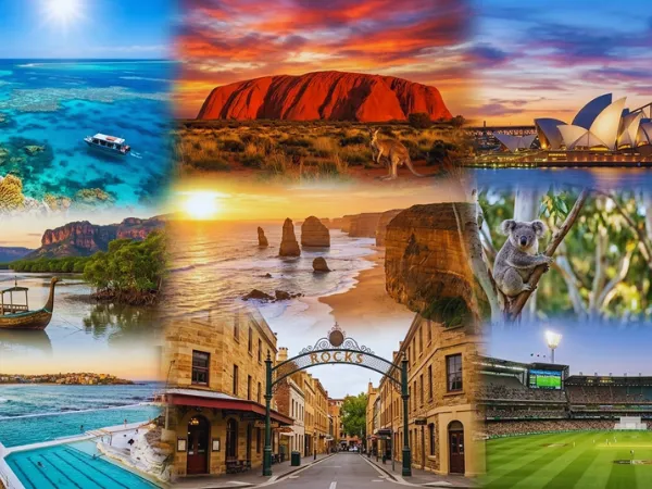 A travel collage of Australia showcasing the Great Barrier Reef, Uluru (Ayers Rock) with a kangaroo, the Sydney Opera House and Harbour Bridge, koalas in eucalyptus trees, and the Melbourne Cricket Ground.