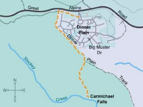 Carmichael Falls Walk trail map near Dinner Plain.