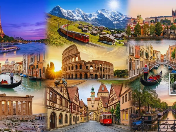 A European travel collage featuring the Eiffel Tower in Paris, a scenic Swiss Alps train route, the Colosseum in Rome, a gondola in Venice, the Acropolis in Athens, and a historic street in Germany.