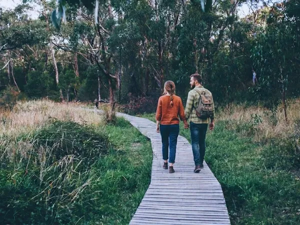 Couple walking hand in hand on a wooden boardwalk through lush green bushland on a nature trail in Victoria, Australia