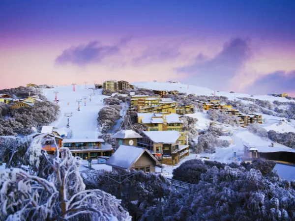 Aerial view of Mt Buller Village glowing with warm lights at dusk surrounded by snow-covered trees and ski runs under a purple and pink sky in winter