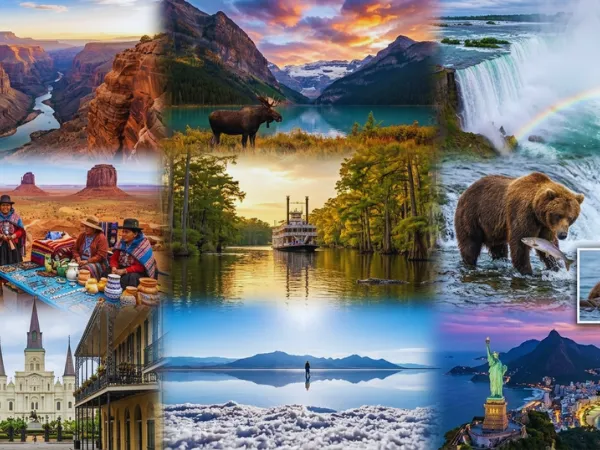 A North American travel collage showing the Grand Canyon, a moose at a Canadian glacial lake, Niagara Falls, Indigenous American weavers in Monument Valley, a Mississippi riverboat, and the Statue of Liberty.