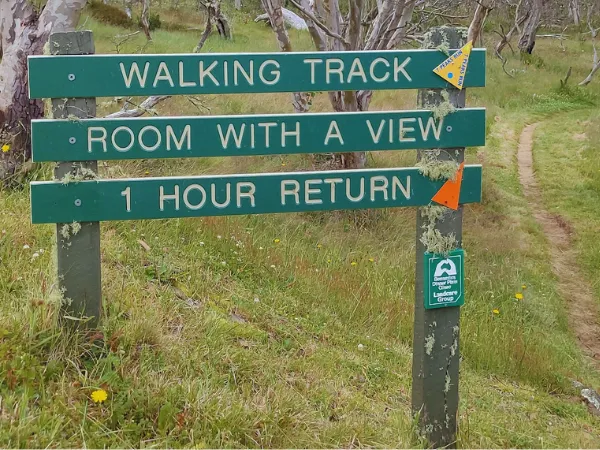 Room With a View Walk trail sign in Dinner Plain Victoria alpine region.