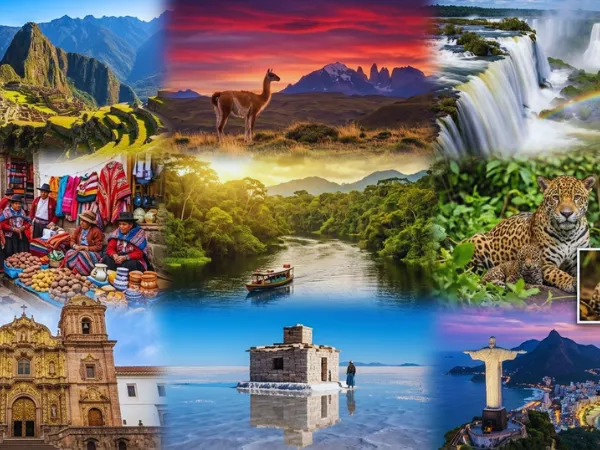 A South American travel collage featuring Machu Picchu, a llama in Patagonia, Iguazu Falls, an Amazon riverboat, jaguars, a Bolivian salt flat, and the Christ the Redeemer statue overlooking Rio de Janeiro.
