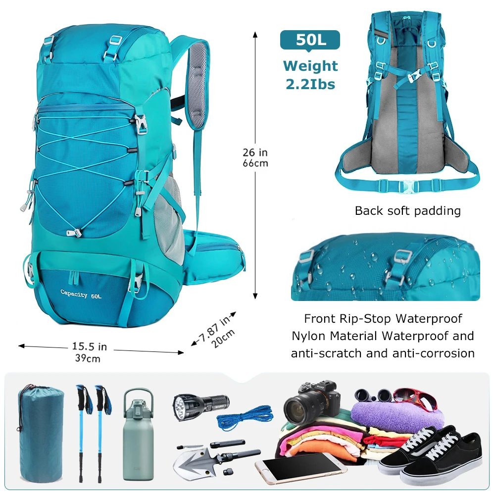 50L Hiking Backpack with Rain Cover for Camping 2