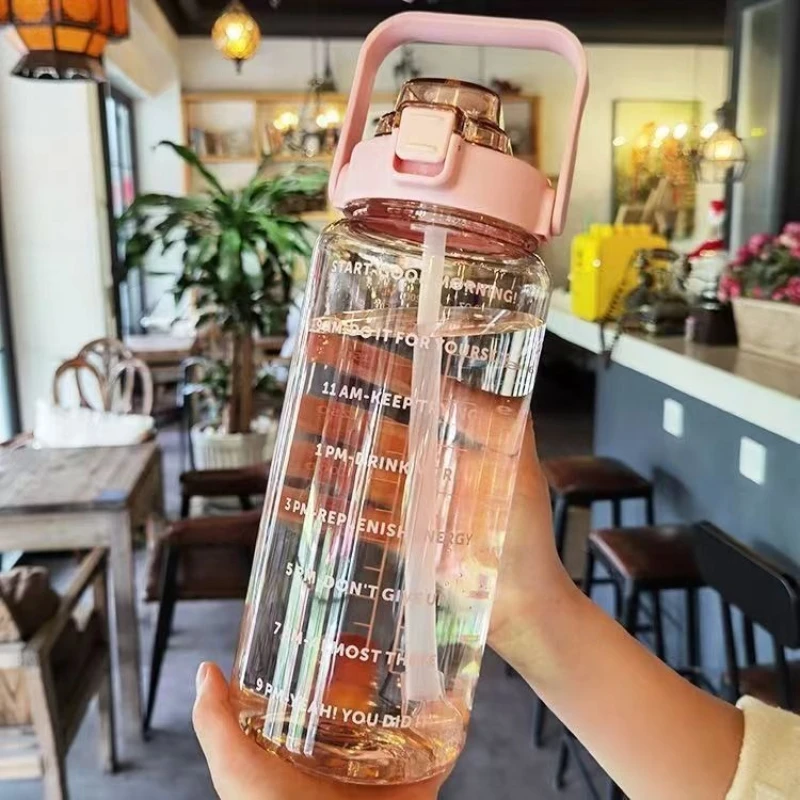 2L Water Bottle with Straw & Time Marker for Sports 4