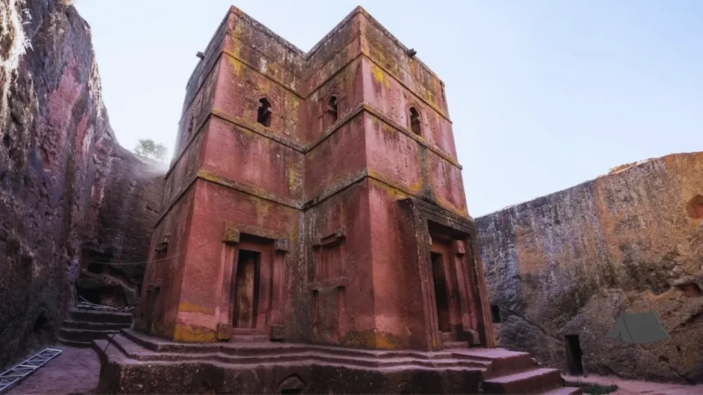 Bete Giyorgis rock-hewn cross-shaped church carved from stone in Lalibela