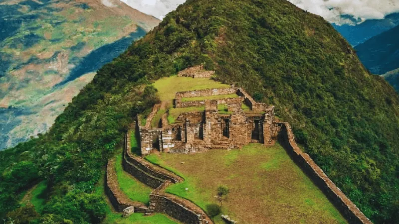 Aerial view of Choquequirao Inca ruins on a mountain peak