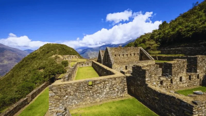 Stone walls and main plaza at Choquequirao archaeological site