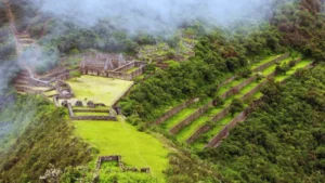 Misty aerial view of Choquequirao ruins and terraces in Peru