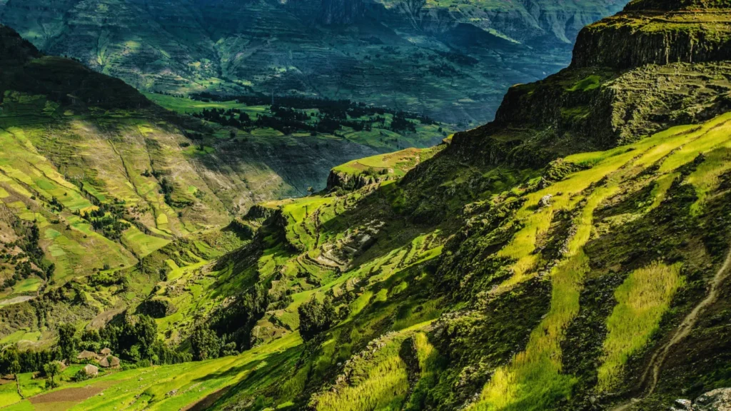 Terraced green hillside and valley landscape in Ethiopian highlands