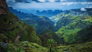 Green mountain valley and rugged peaks in the Ethiopian highlands